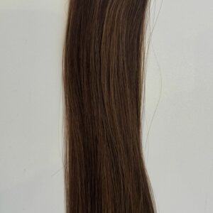 A close-up of Raine, featuring a long, straight lock of brown hair with subtle lighter streaks, set against a plain white background.