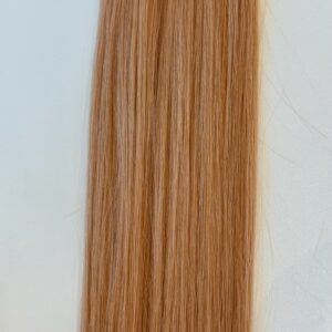 Close-up of Aly: a section of straight, long, light reddish-brown hair set against a light background.