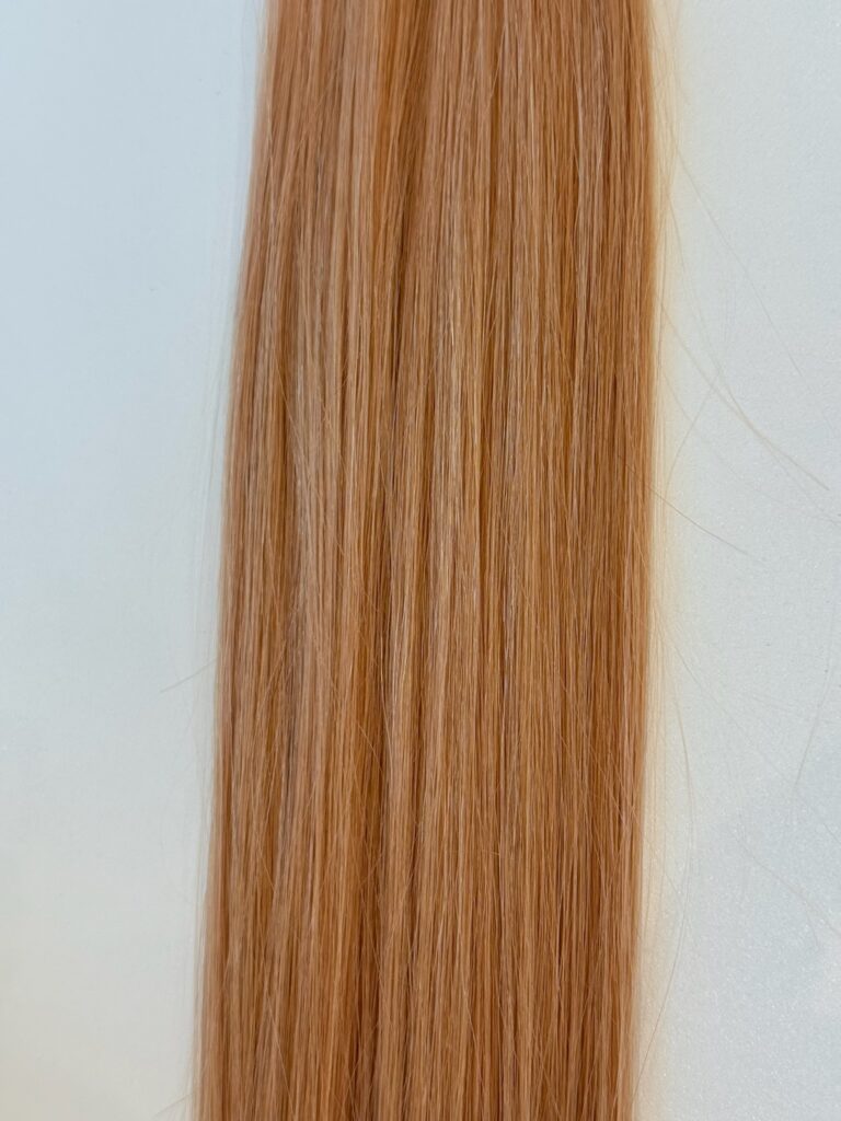 Close-up of Aly: a section of straight, long, light reddish-brown hair set against a light background.