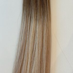 A close-up of Blake, showcasing long, straight hair with a mix of light brown, blonde, and ash tones against a neutral background.