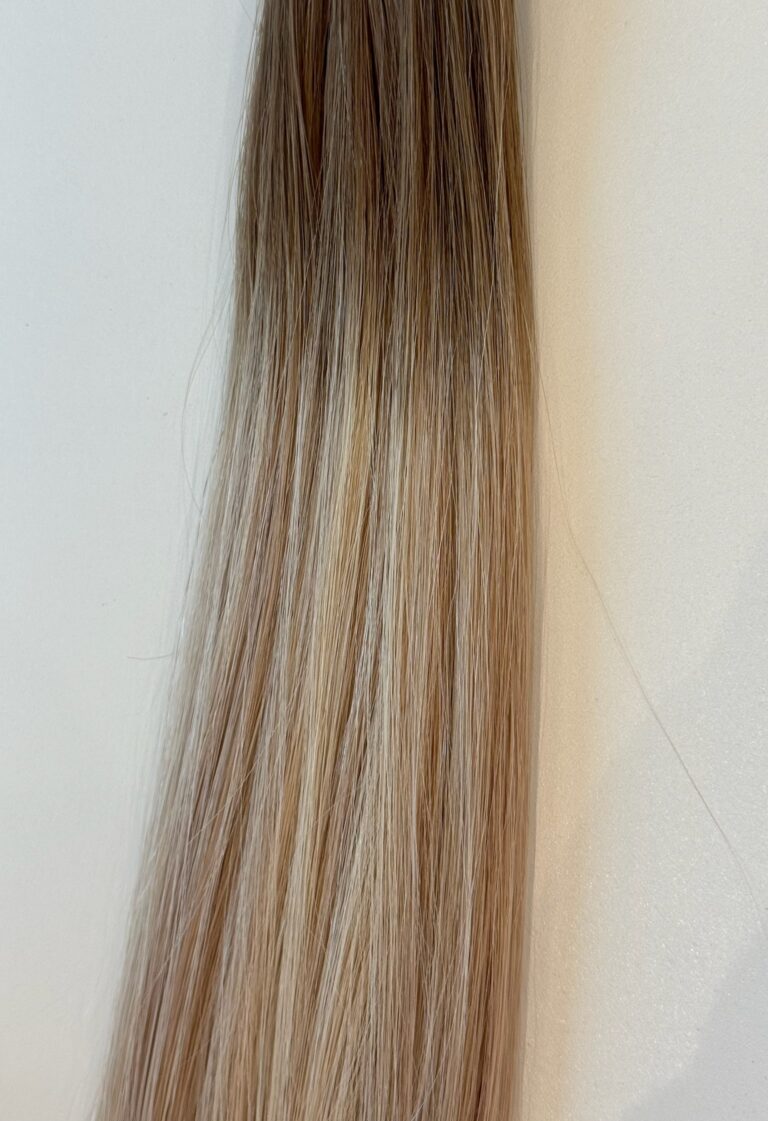 A close-up of Blake, showcasing long, straight hair with a mix of light brown, blonde, and ash tones against a neutral background.