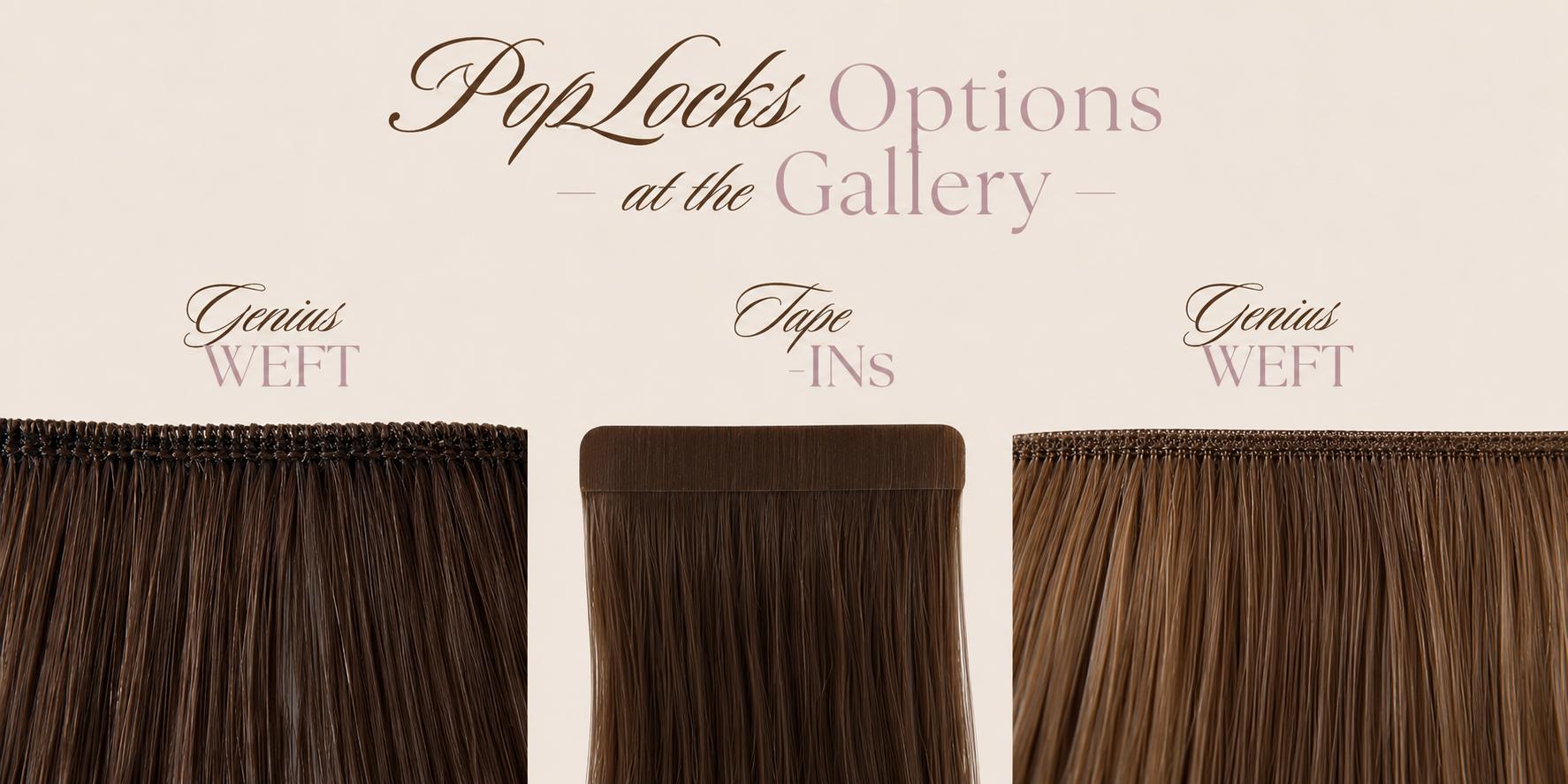 Three types of hair extensions labeled Genius WEFT on the left and right, and Tape-INS in the center, all under the title PopLocks Options at the Gallery..